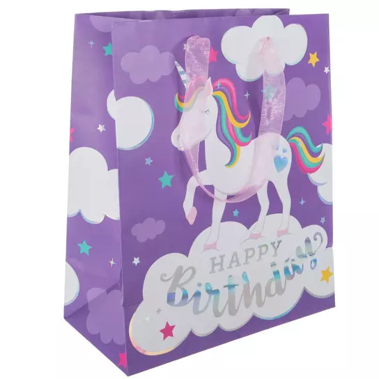 Gold Foil 'Happy Birthday' Grey & Pink Medium Gift Bag With Tag & Tissue  Paper