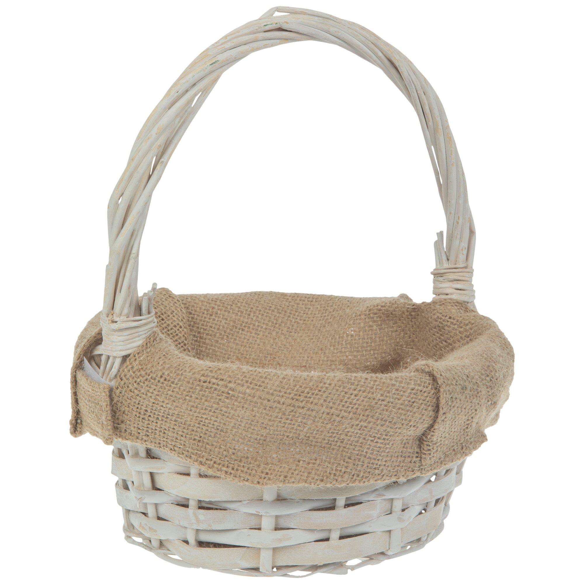 Round White Wood Basket With Folding Handle - Potomac Floral Wholesale