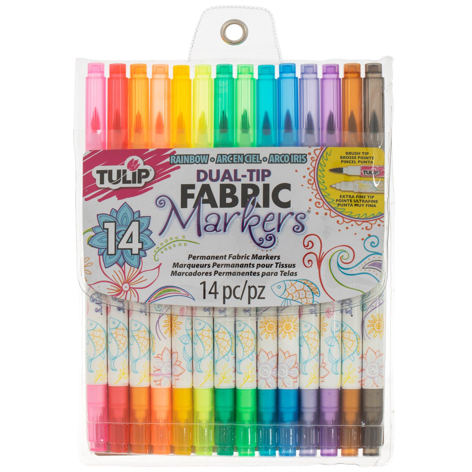 14 Fabric Markers, Dual Tip, Extra Fine-tip and Brush Tip 14 Tulip Colored  Fabric Paint Markers 