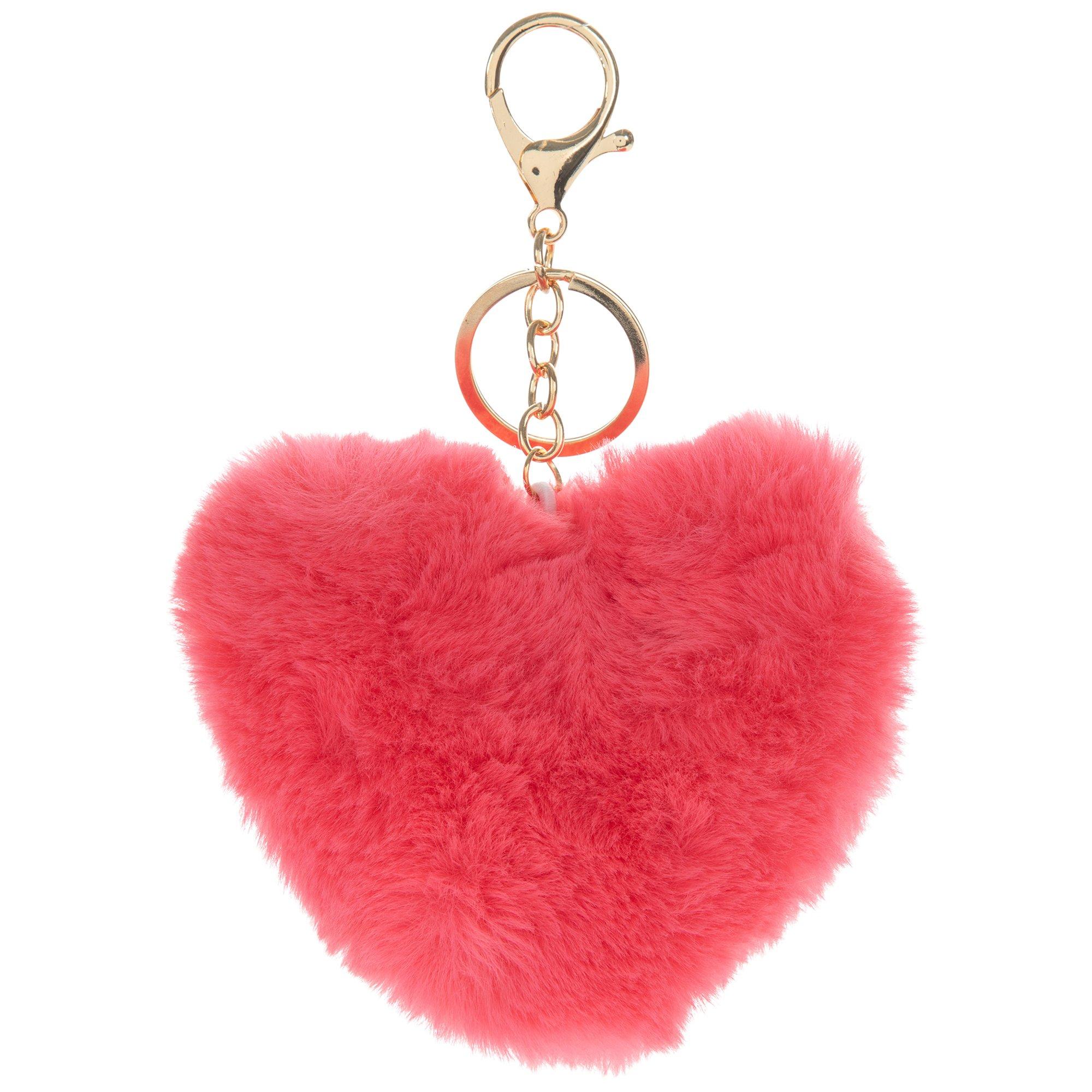 Personalised Keyring With Heart Pom Pom Faux Fur Custom 