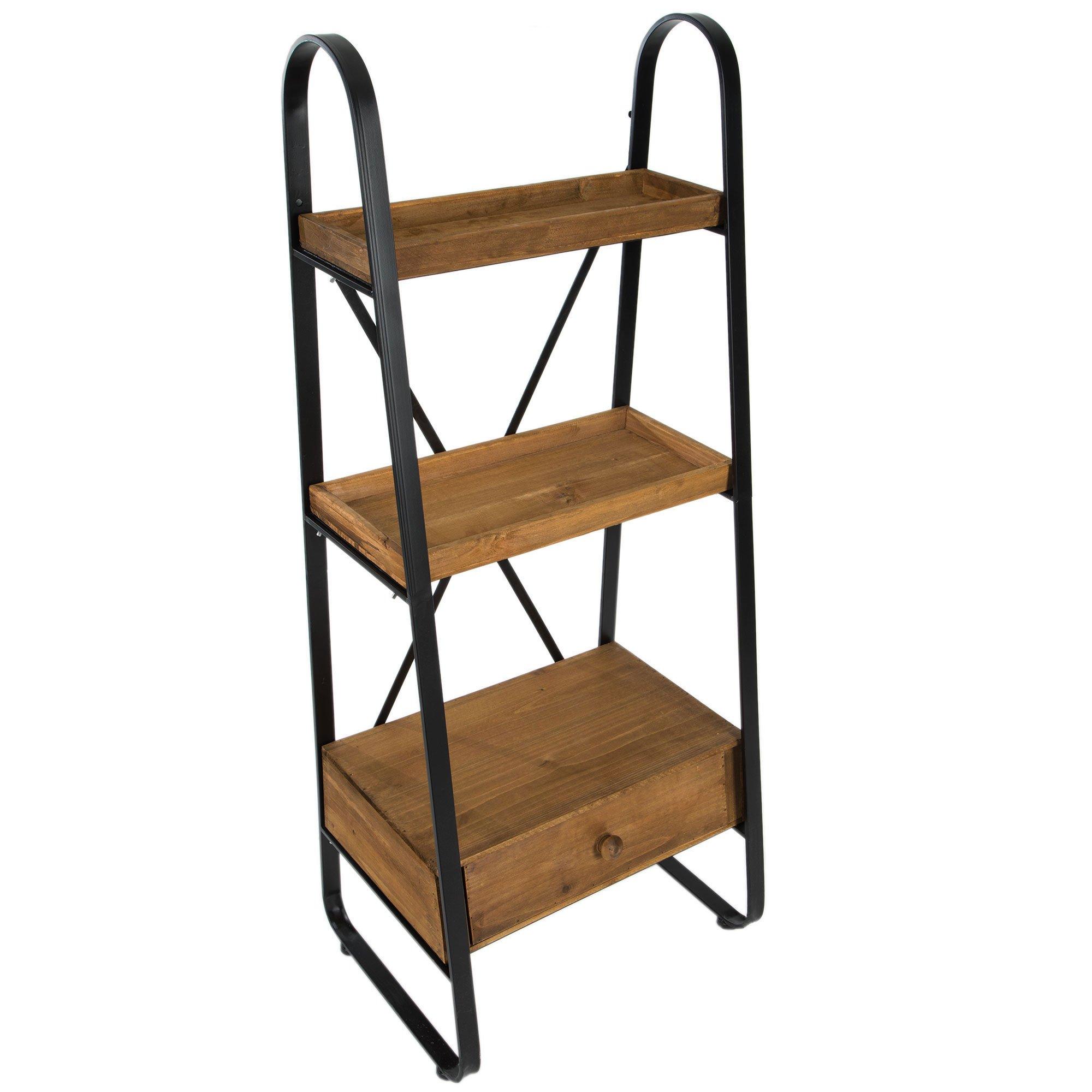 ANBAZAR 37.2 in. H 3-Tier Ladder Shelf Bookcase, Standing Shelf Storage Organizer with Wood and Metal Shelf for Home and Office, Brown