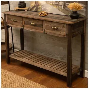 Farmhouse Wood Slat Console Table With Storage
