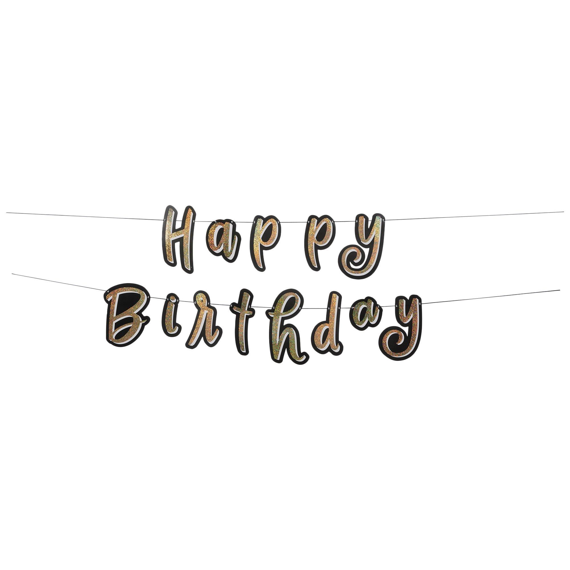 Happy Birthday Banner - 9 Ft Long Black & Gold Holographic Sparkling Fizz Foil Banner For Parties 8 thumbnail image