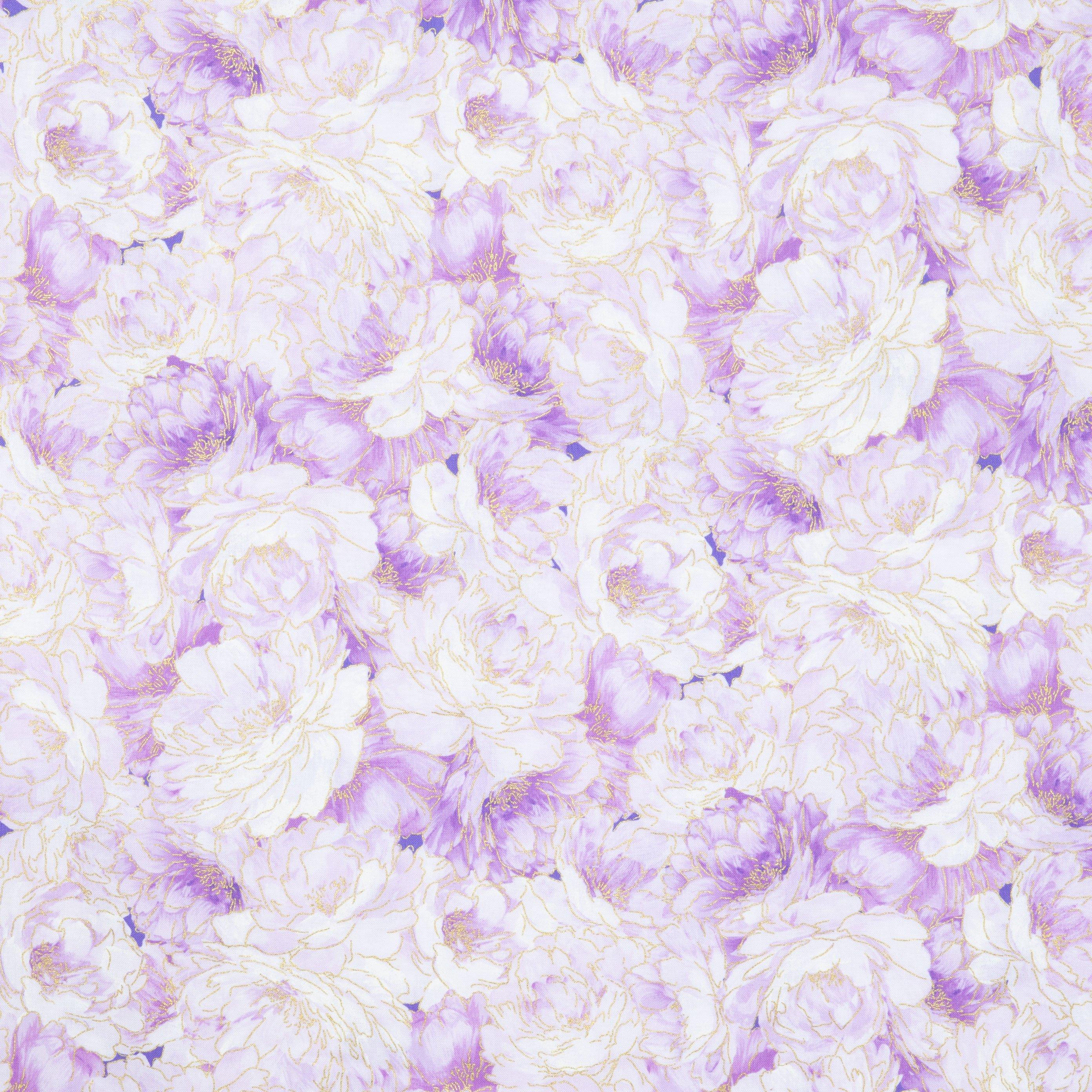 Purple &amp; Gold Floral Cotton Calico Fabric