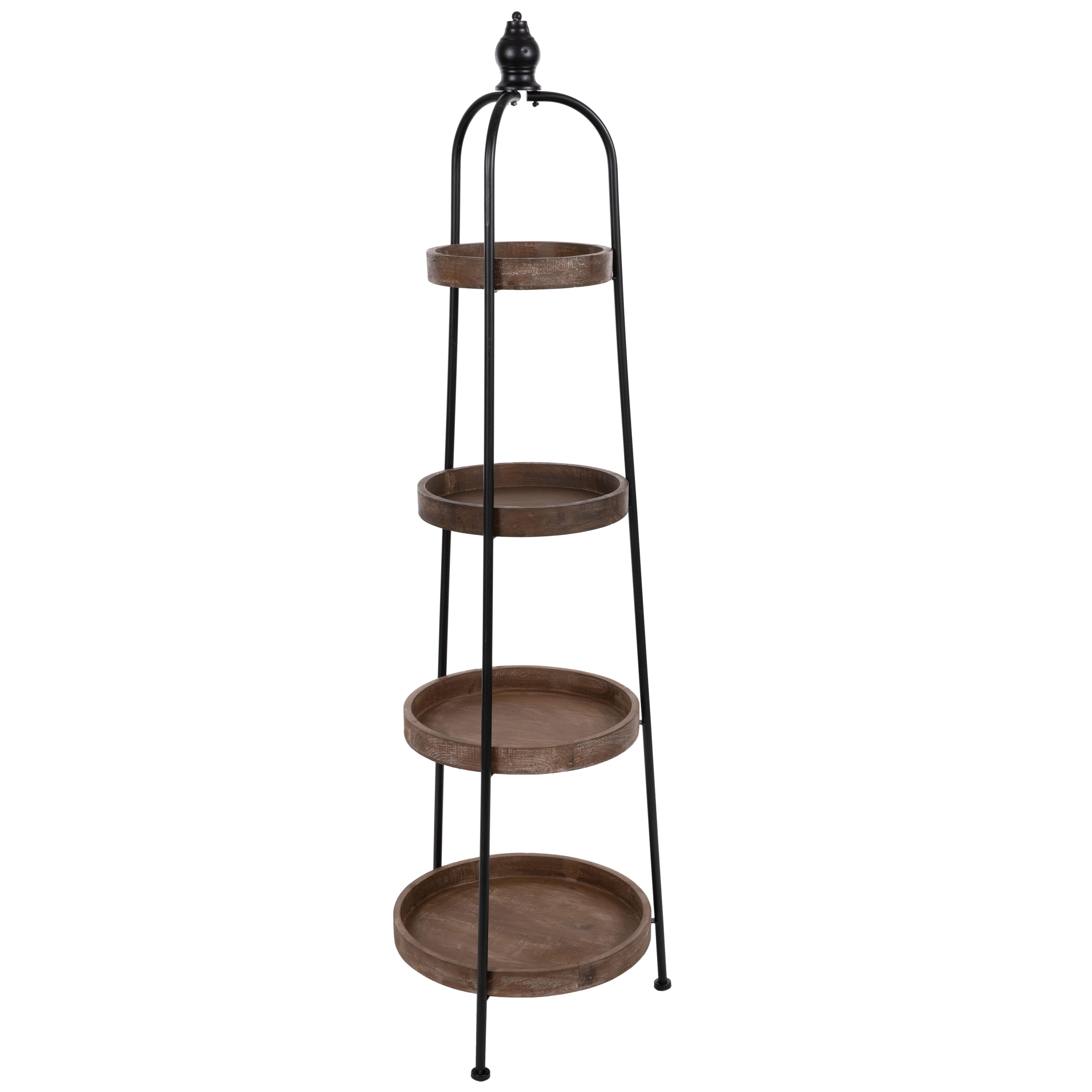 Brown & Black Round Four-Tiered Wood Shelf