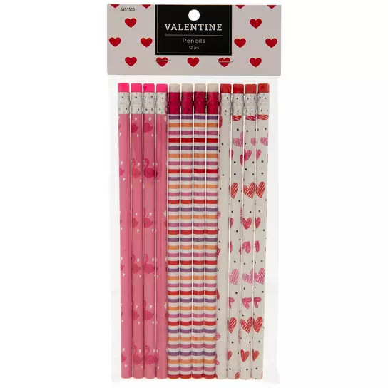 Hearts & Flamingos Valentine Pencils - 12 Piece Set