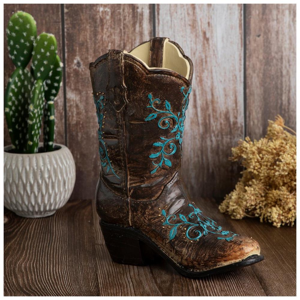 Brown & Turquoise Floral Cowboy Boot Vase