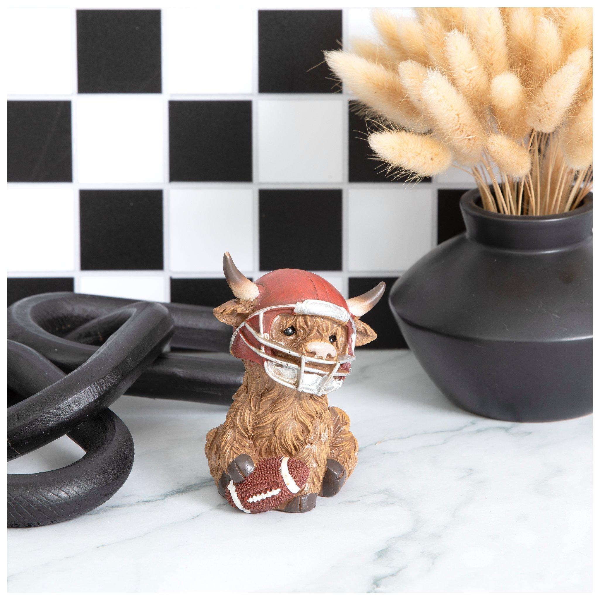 cow football helmet Highland Cow Wearing Football Helmet Figurine | Hobby Lobby