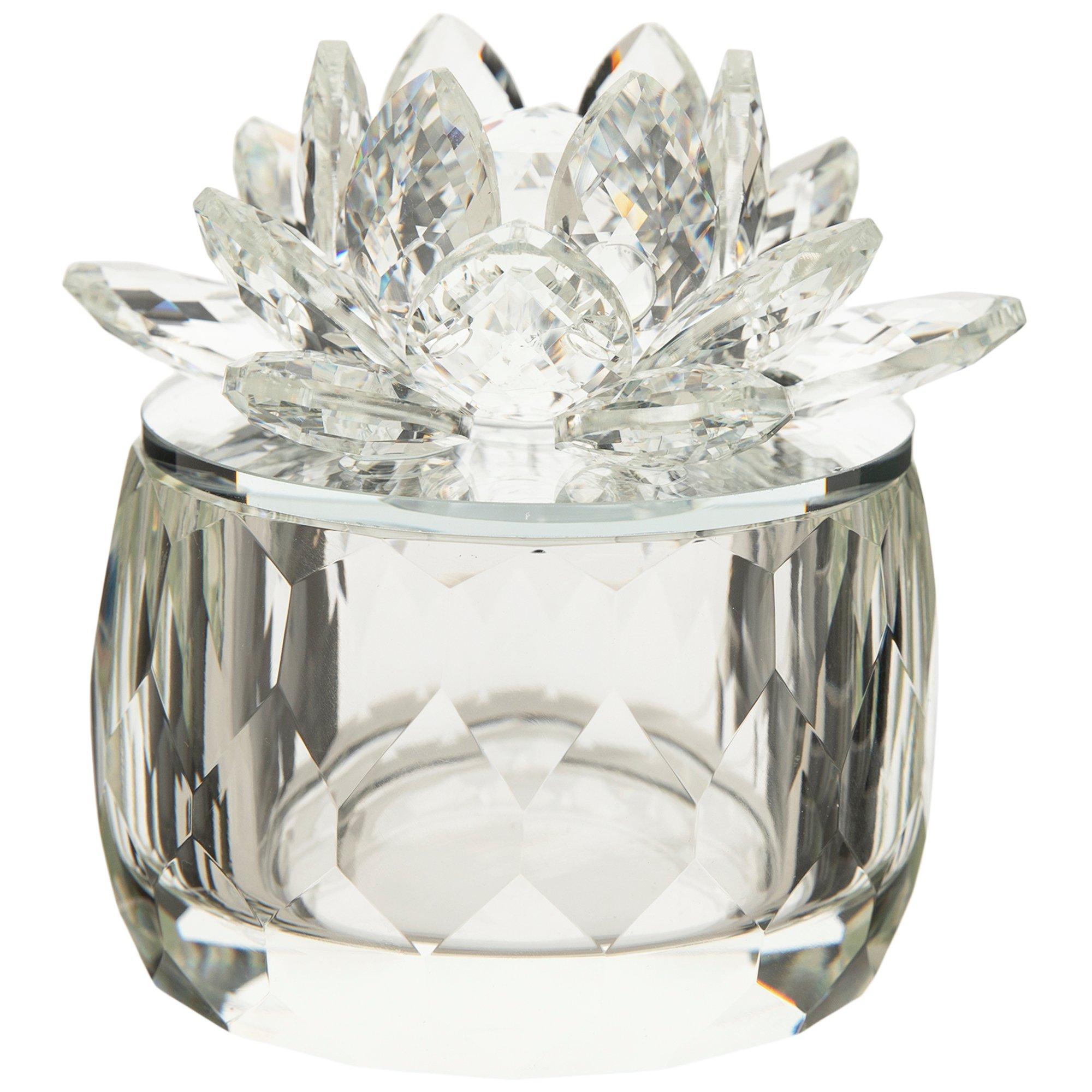 Cristalli Puthod Crystal Ring Box With Silver Plate Decorative Flower Lid 
