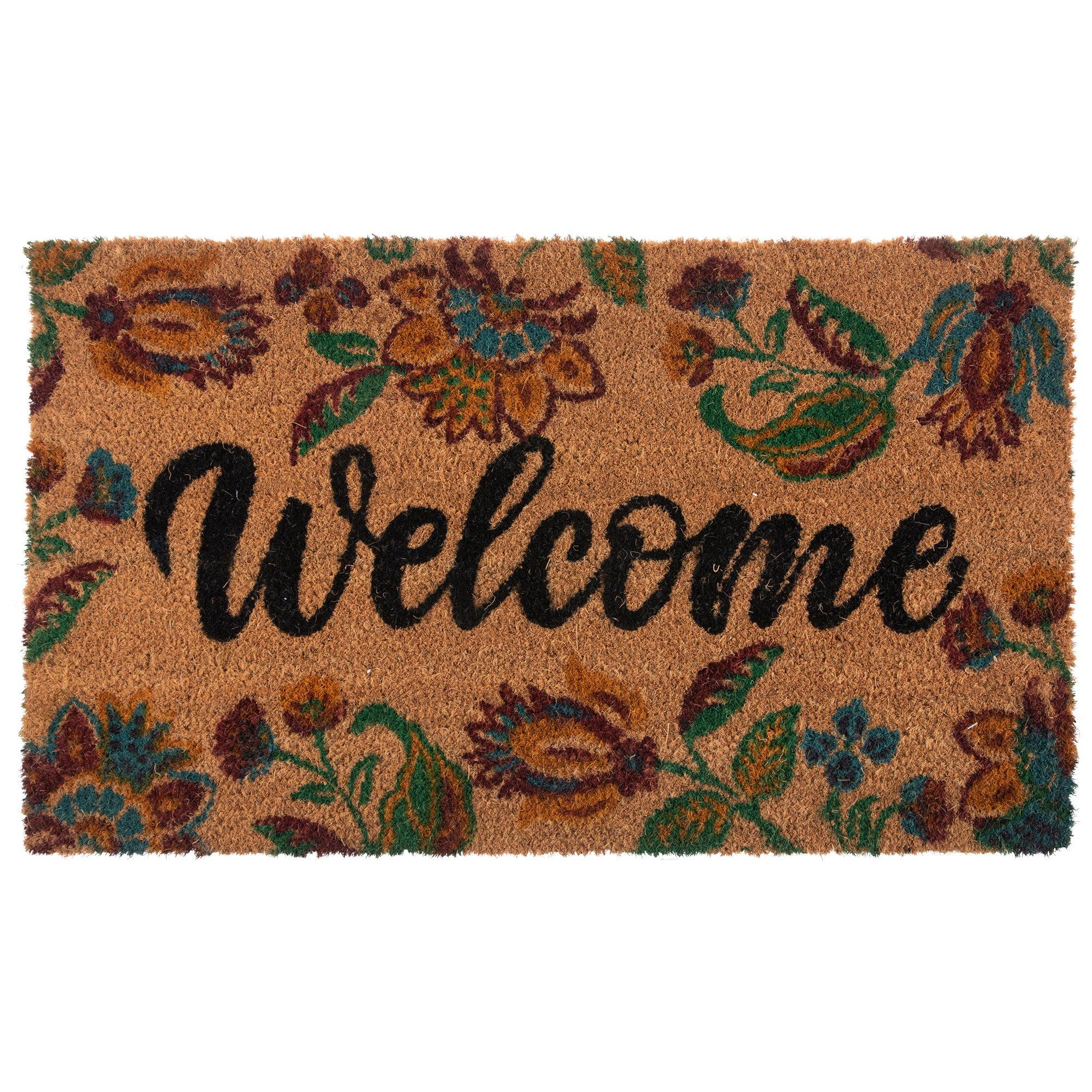 Fab Habitat Floral Doormat - Handwoven, Extra Thick, Durable - Natural Coir - Entryway Front Door Porch Patio - Wild Flowers Blue - 18x30Thick ft