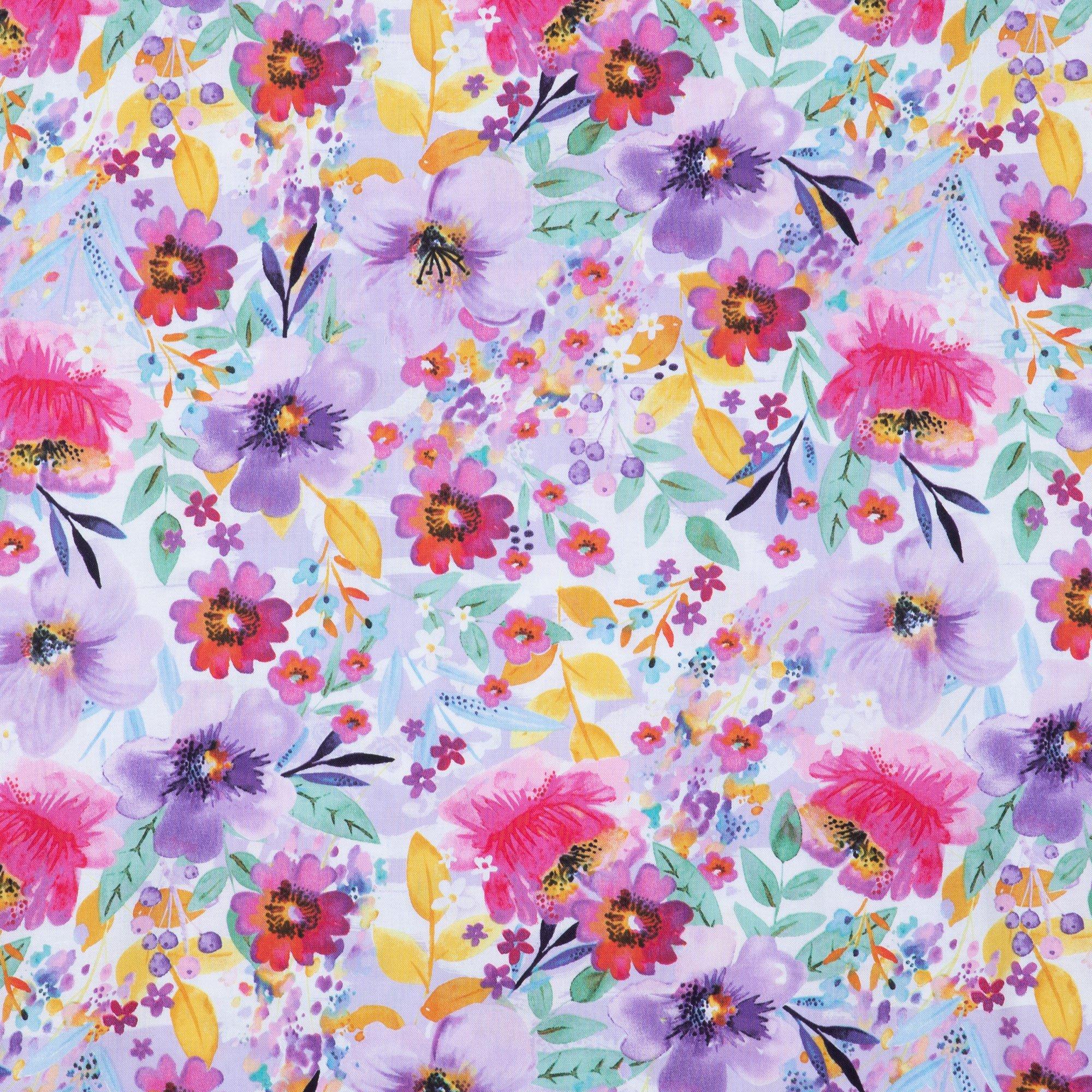 Summer Watercolor Florals Fabric by the Yard. Colorful, Rainbow