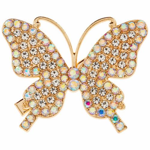 Large rhinestone-set butterfly hair clip in gold with pastel stones