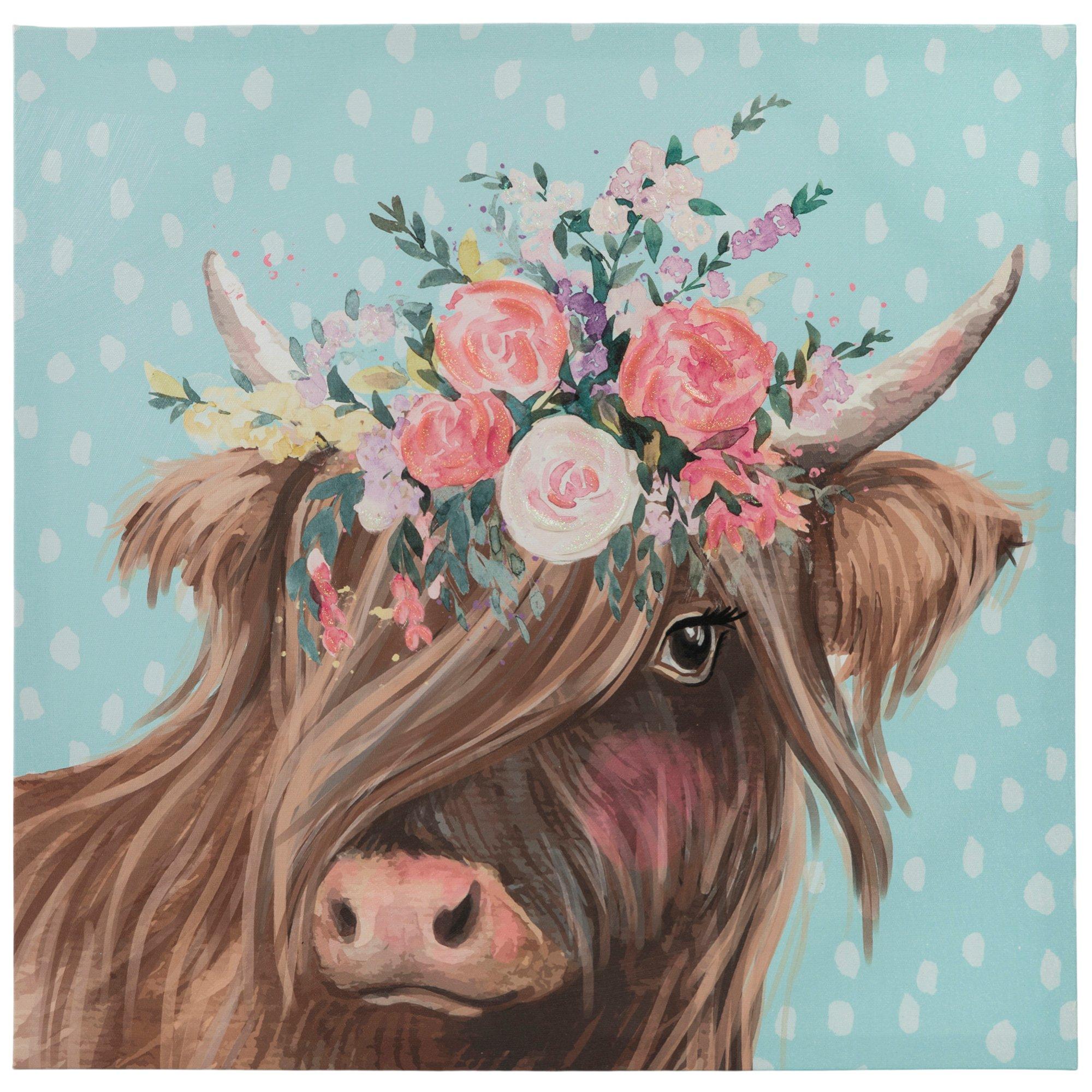 Flower Crown Highland Cow Canvas Wall Decor