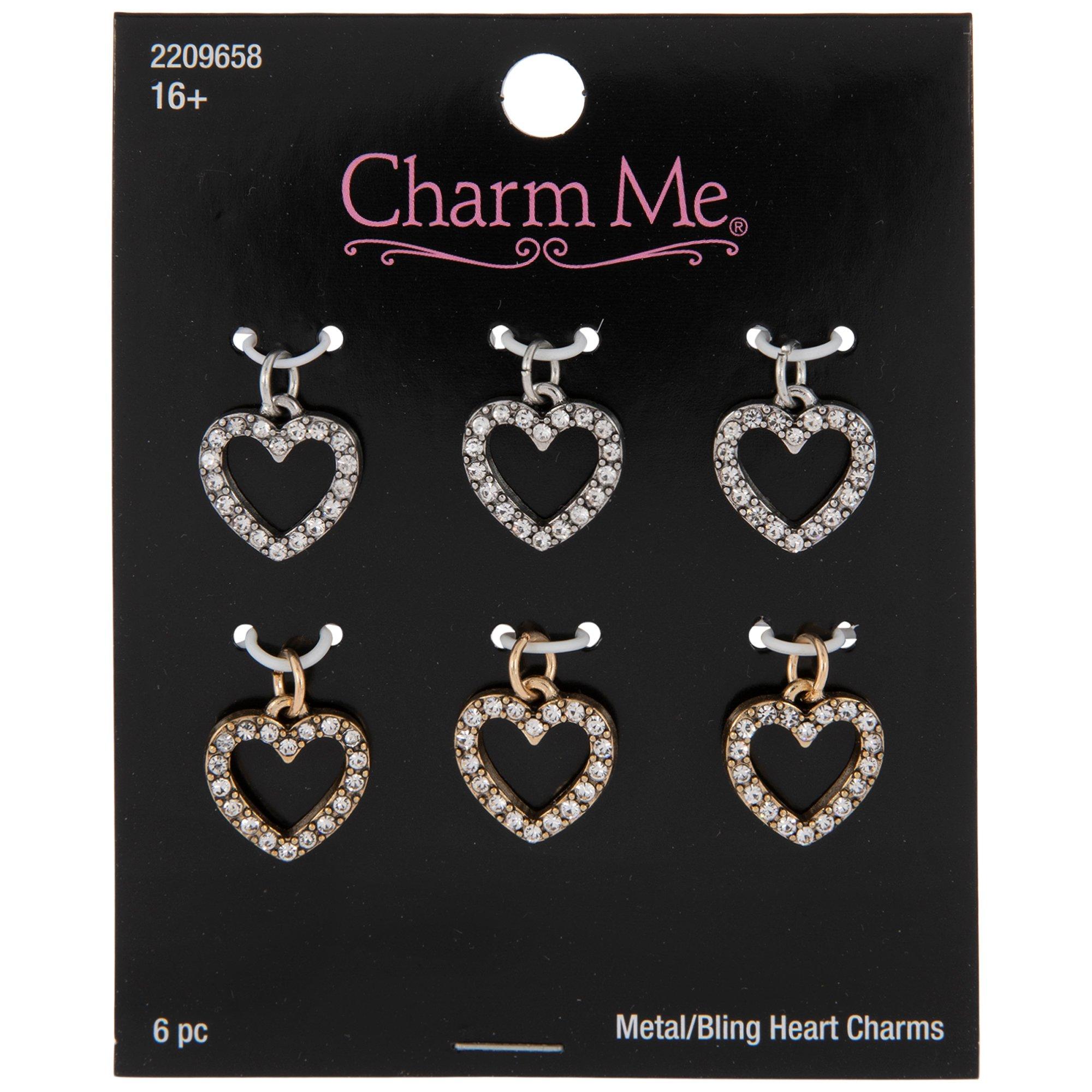 Lot of 6 Mini heart rhinestone charms, jewelry making supplies