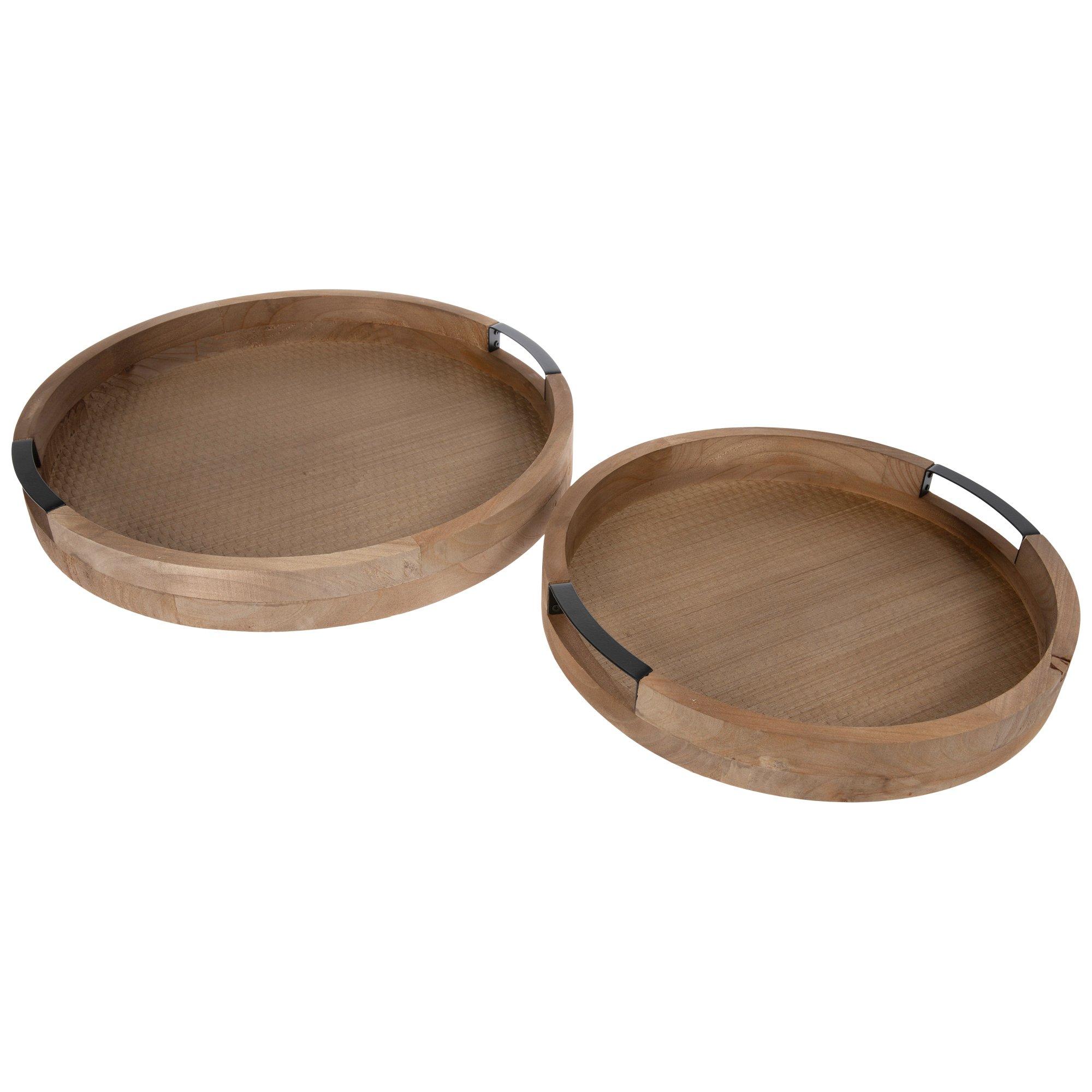 Brown Round Wood Tray Set view 1