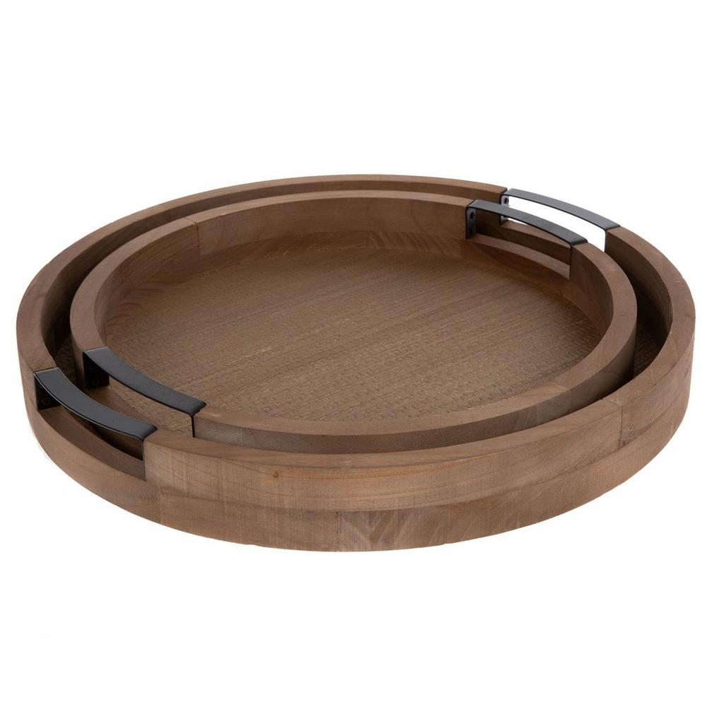 Brown Round Wood Tray Set