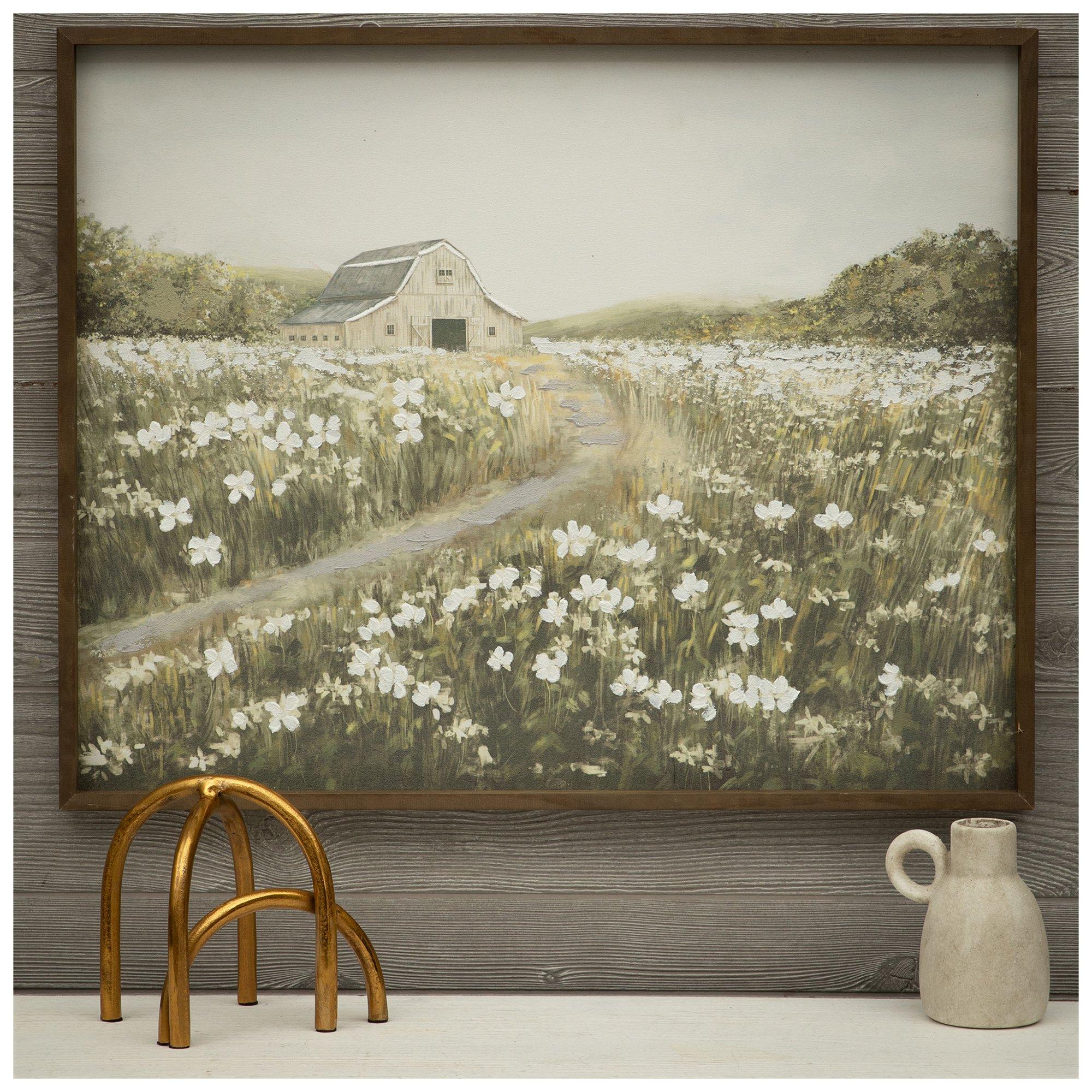 White Flowers By The Barn Framed Wall Decor