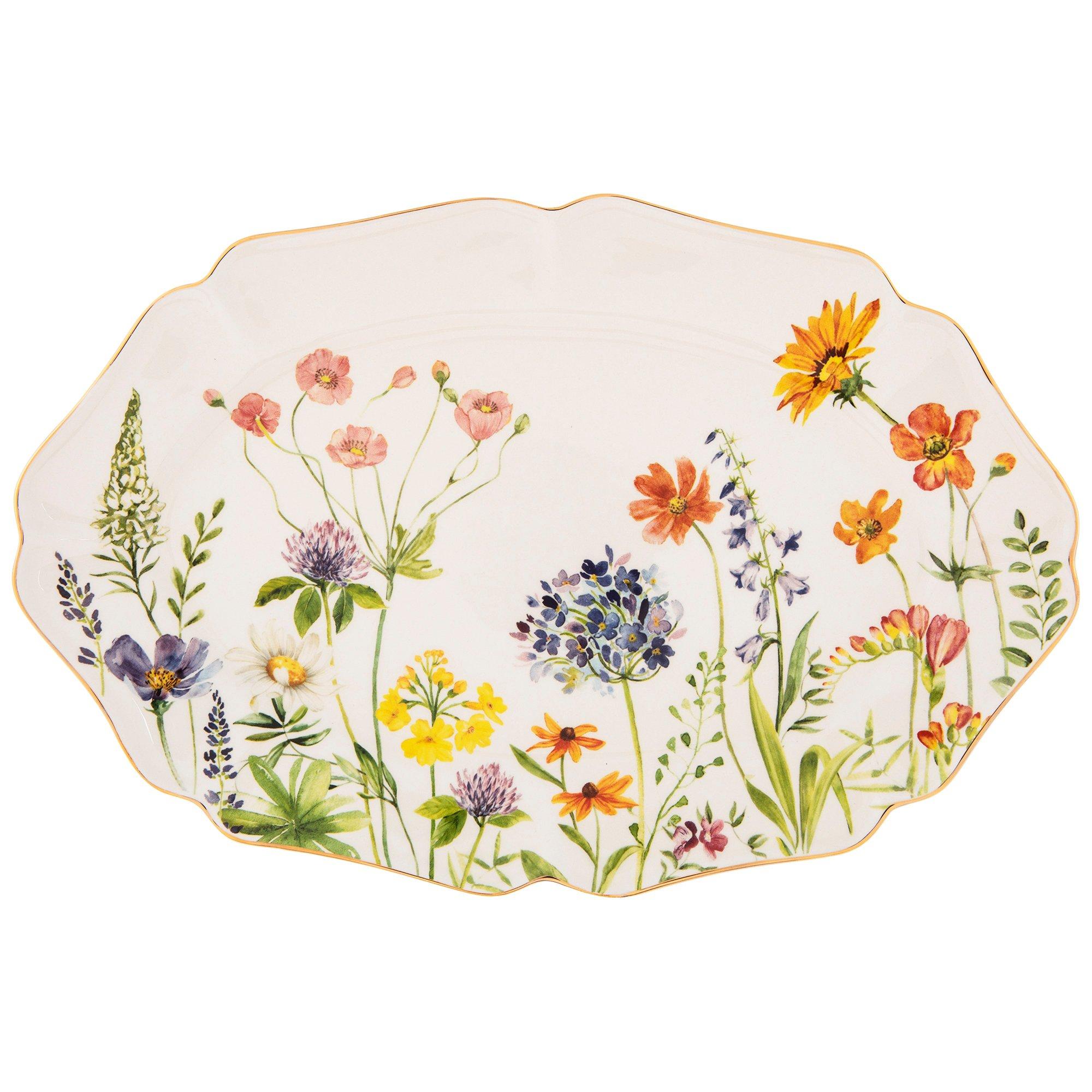 Ceramic Oval Floral Plate With Gold Rim