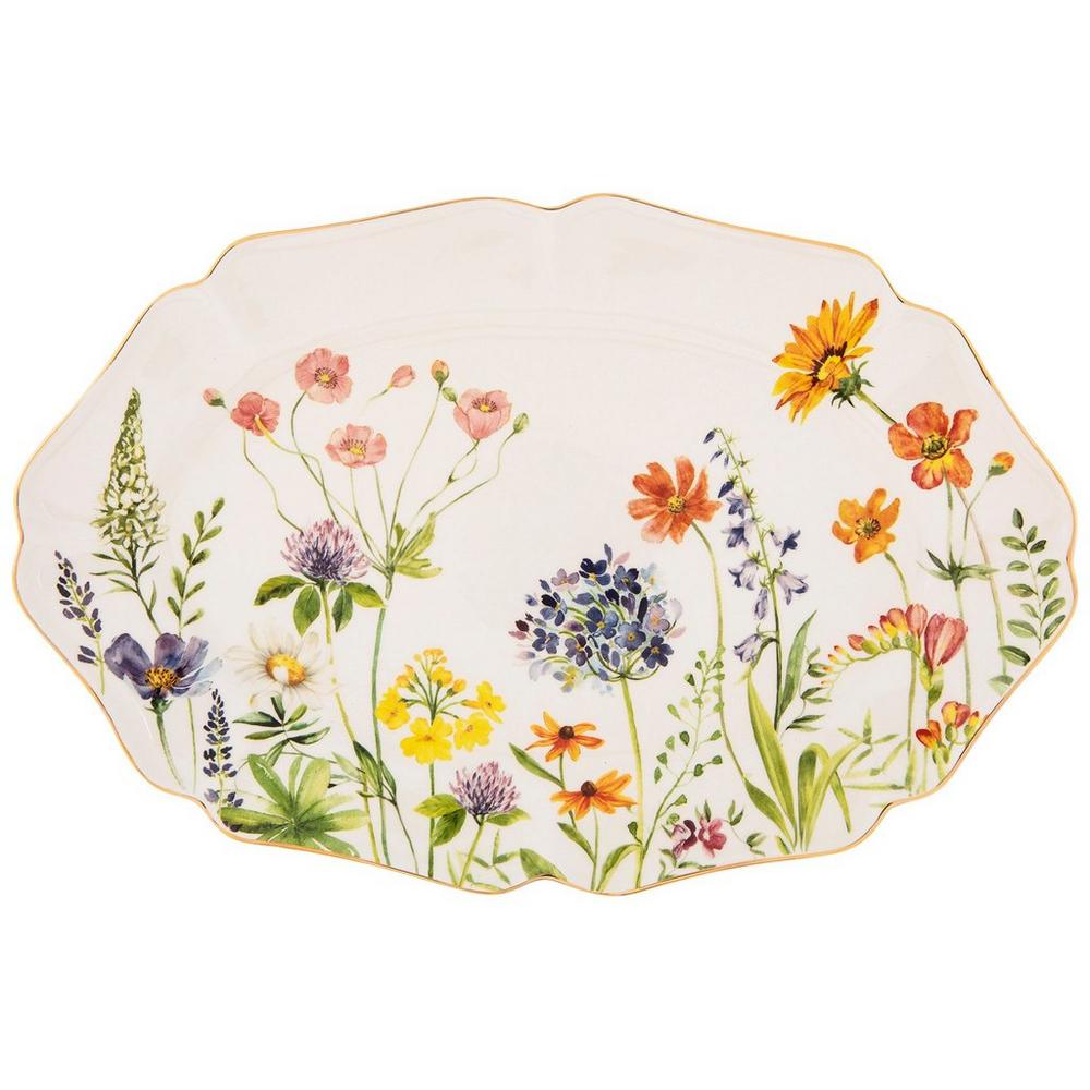 Ceramic Oval Floral Plate With Gold Rim