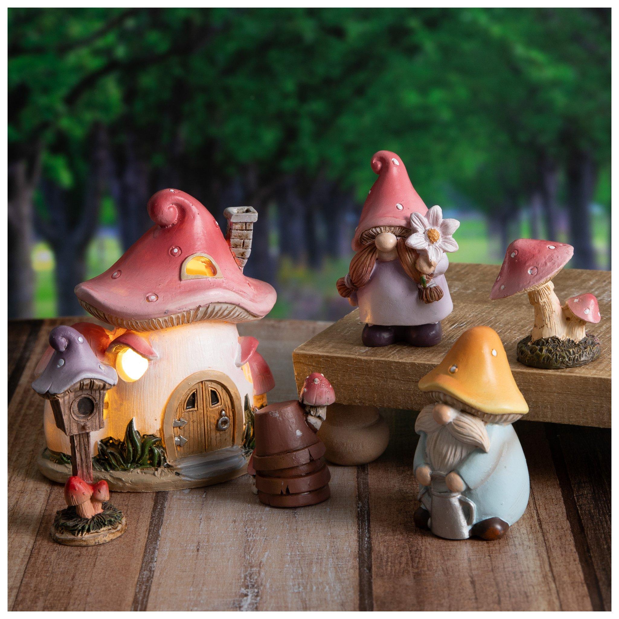 Mood Lab Fairy Garden Mushroom House Set - 6 Piece Miniature Figurines For Outdoor Decor