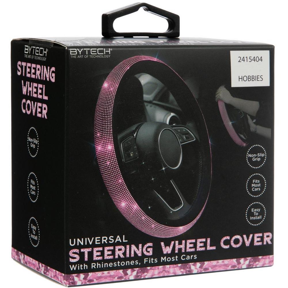 Pink Sparkly Diamond Steering Wheel Cover – Soft PU Leather, Anti-Slip, Universal 15 Inch