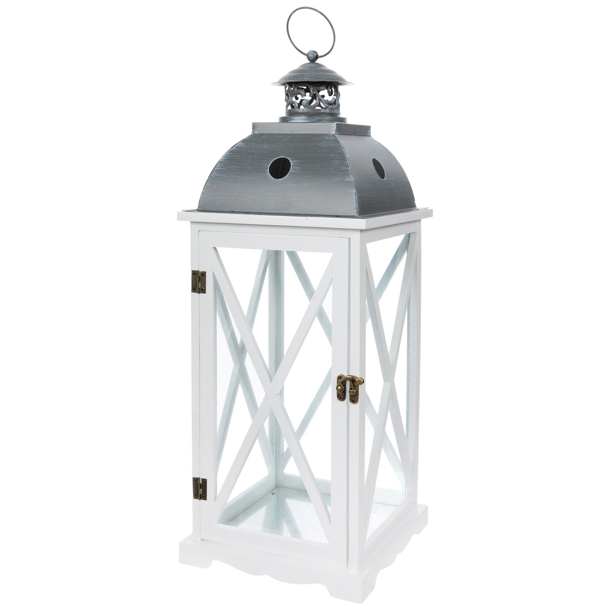 White Crossbuck Farmhouse Wood Lantern view 1