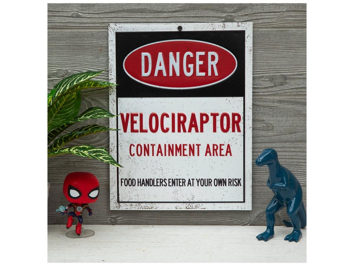 Plaque Métal Décorative 'Danger Velociraptor' - 30.5x20.3cm - Style Vintage - Trous Pré-percés