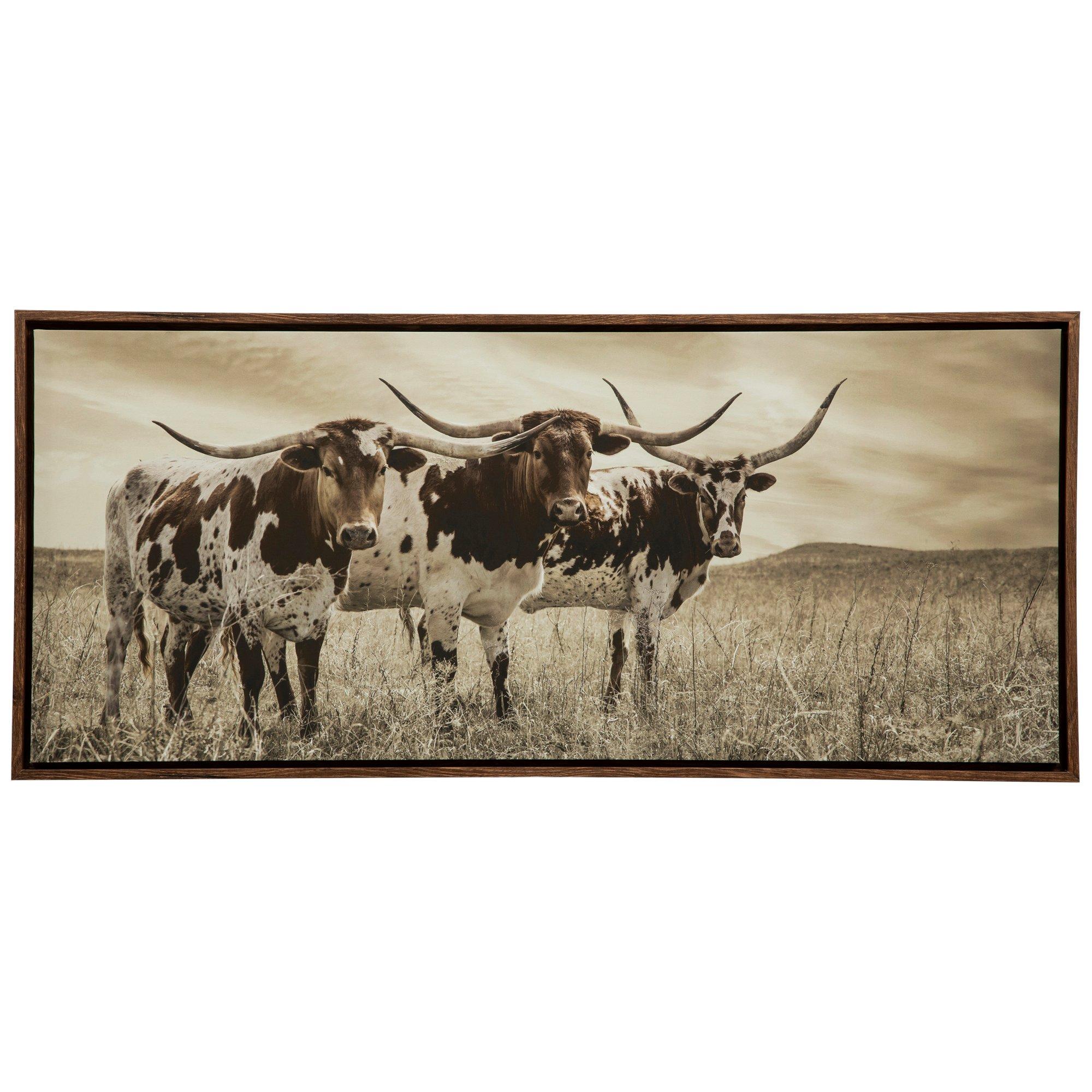 Three Longhorn Cows Framed Canvas Wall Decor 