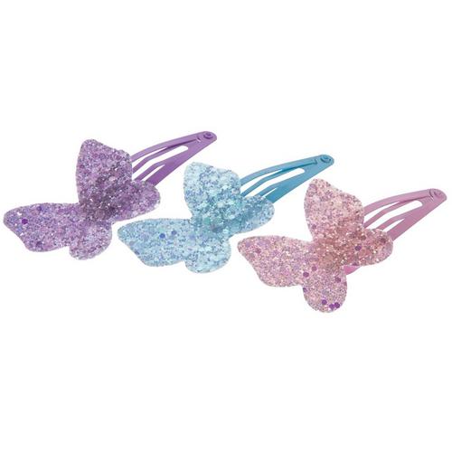 Three glitter butterfly snap clips in lilac, blue and pink
