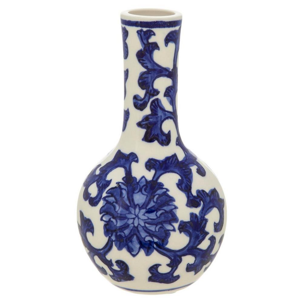 White Blue Floral Long Neck Vase
