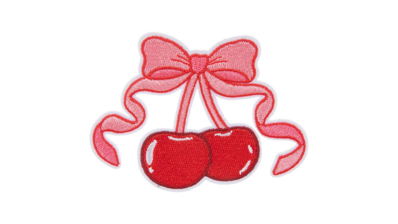 Hand Crafted Iron On Cherry Patches Cherry with Pink Bow Embroidery Iron On Patch – Scratch Decor main image 2