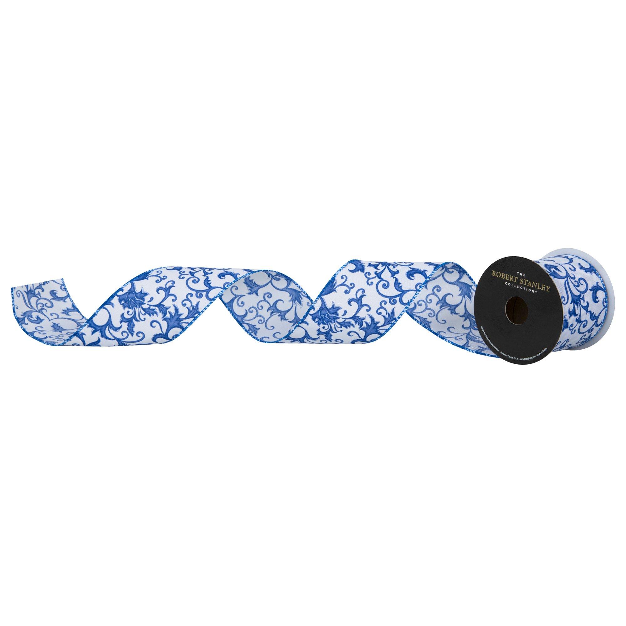 Blue &amp; White Chinoiserie Wired Edge Ribbon - 2 1/2&quot;