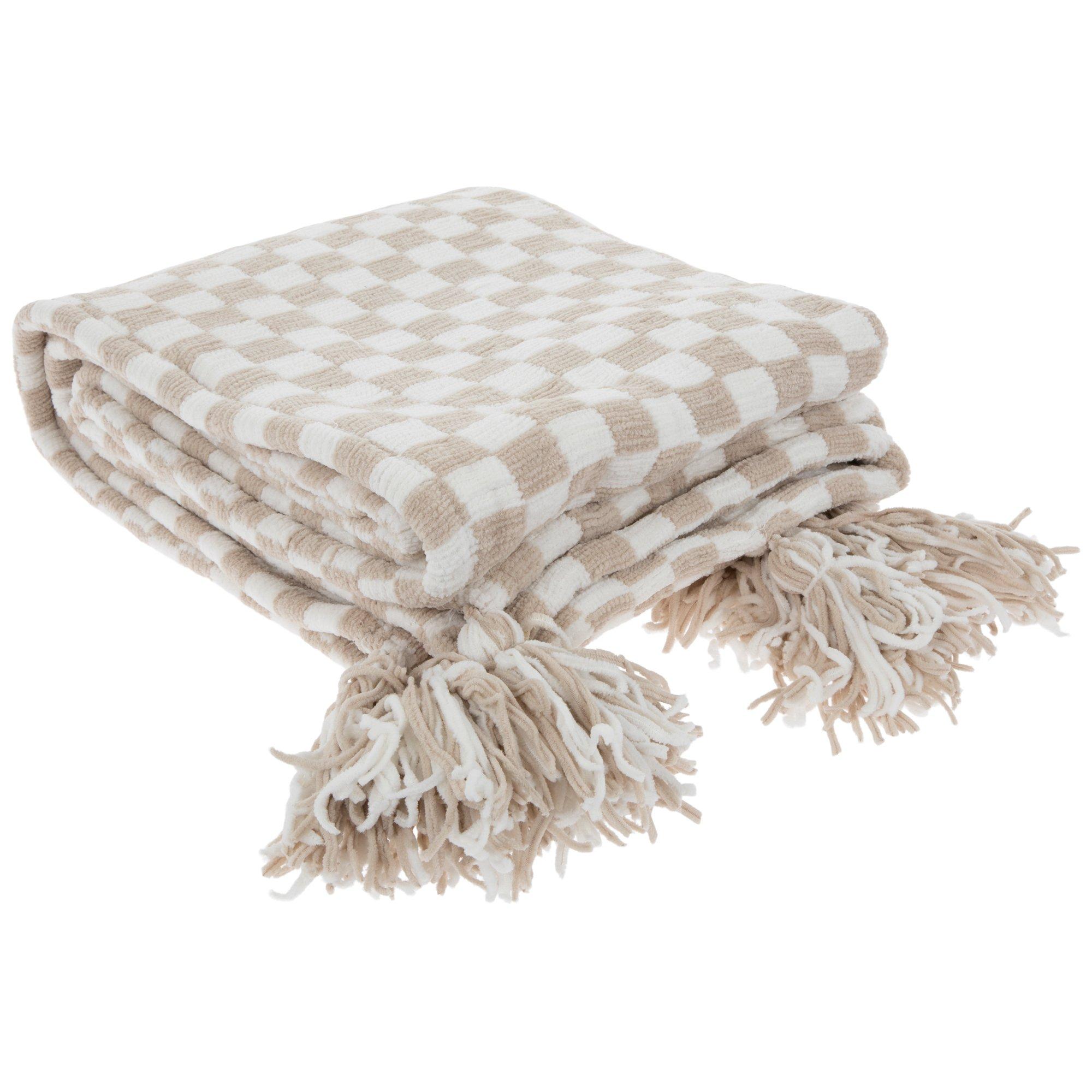 Taupe Handloom Chenille Checkered Throw Blanket | Hobby