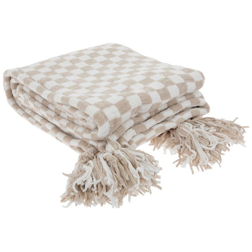 Taupe Handloom Chenille Checkered Throw Blanket