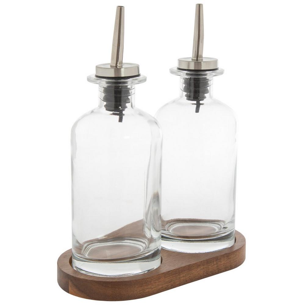 Oil Vinegar Cruets With Acacia Wood Base
