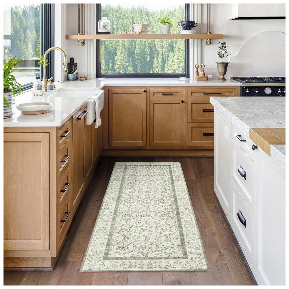 Green & White Floral Runner Kitchen Rug