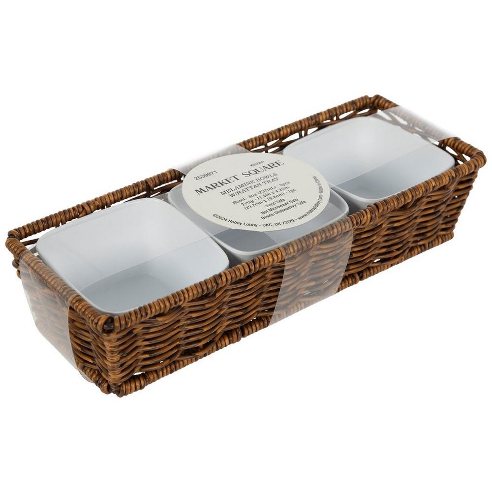 White Bowls Rattan Tray