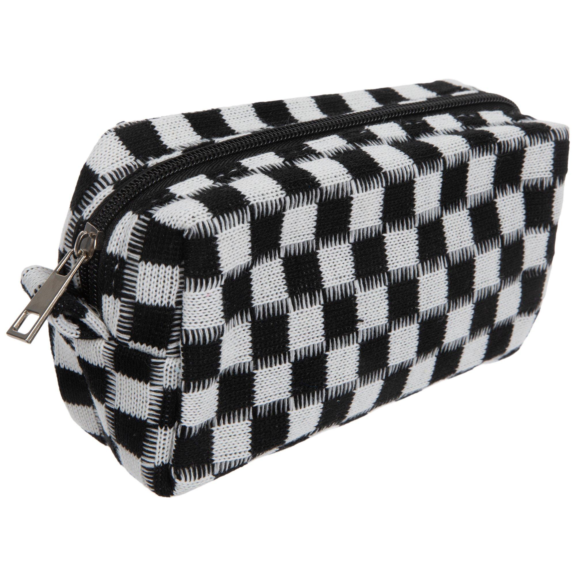 checkered travel makeup bag Ruffle Checker Stripe Cosmetic Pouch In Blue SUOSDEY Makeup Bag Double Layer Checkered Cosmetic Travel Bag Waterproof Toiletry Organizer Bag for Women with Brush Holder Product Description Hanging Toiletry Makeup Bag for