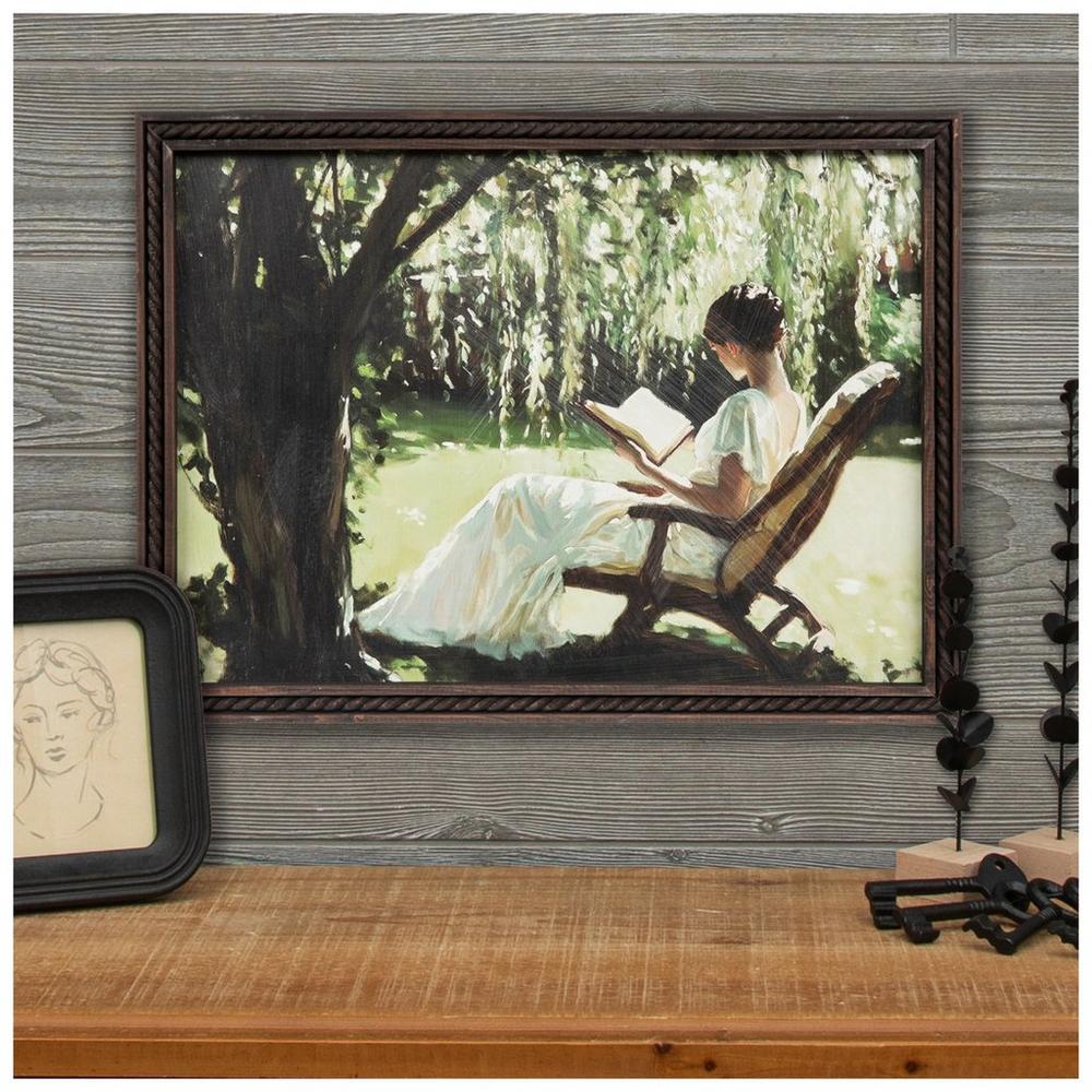 Woman Reading In Garden Wood Wall Decor