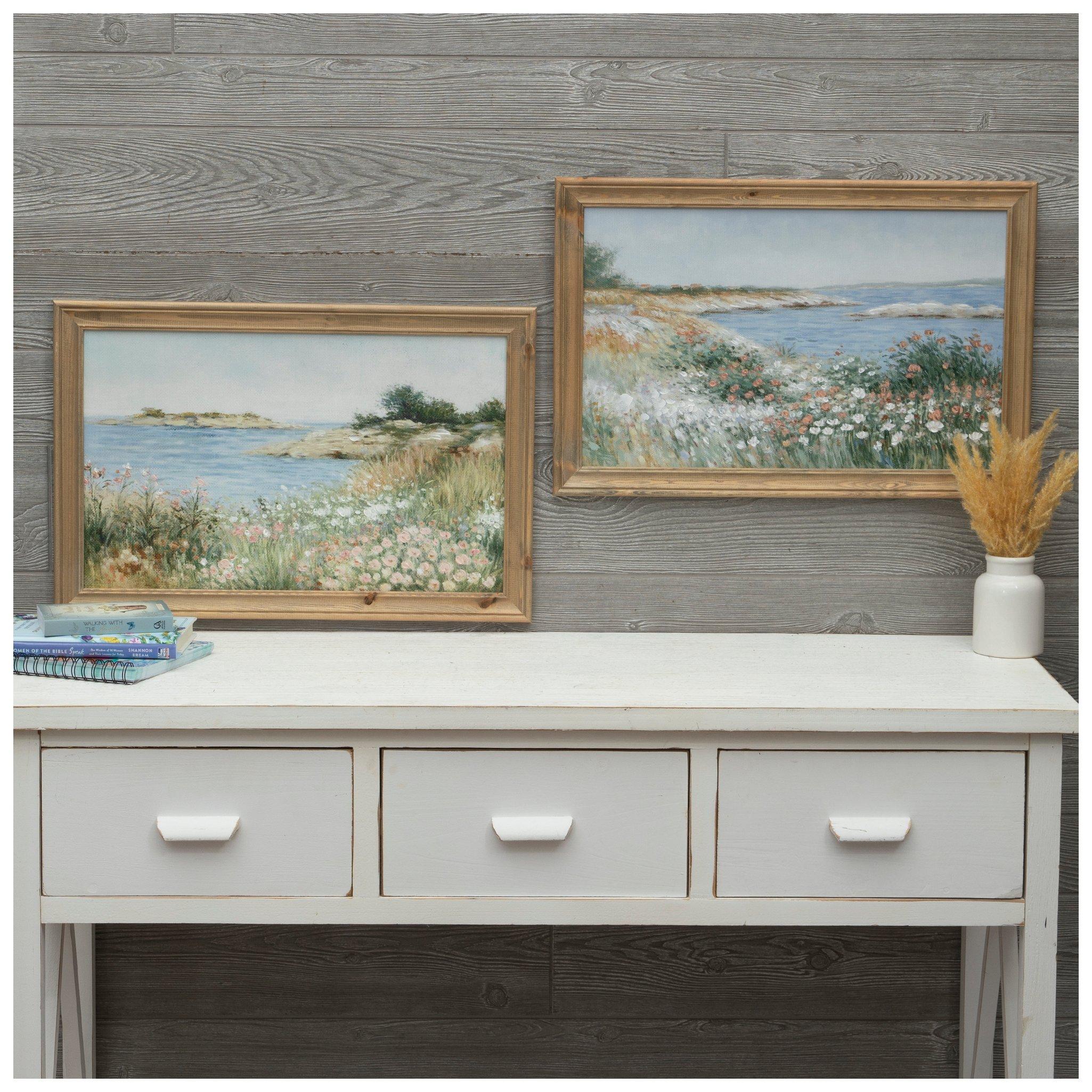 水彩画 池と花 木製フレーム付き Flowers By The Sea Wood Wall Decor Set | Hobby Lobby | 2564219