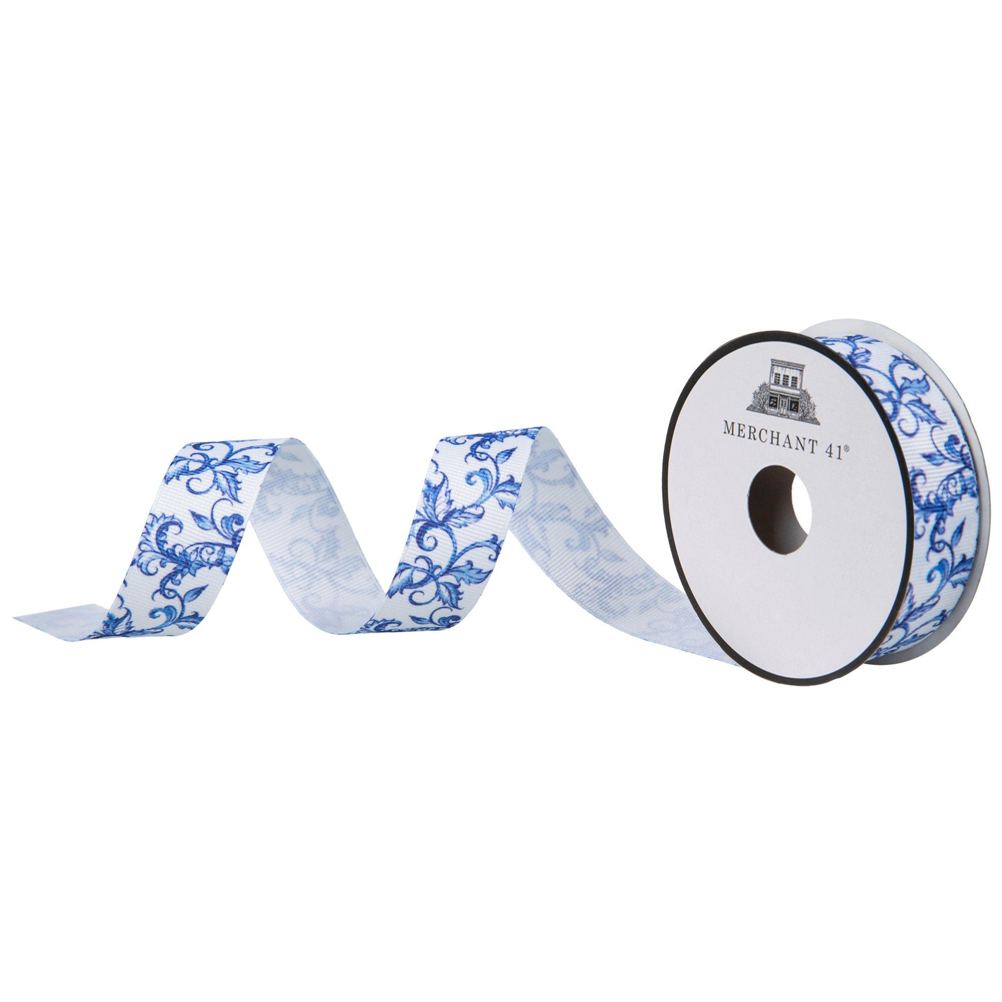 Blue & White Chinoiserie Grosgrain Ribbon - 7/8