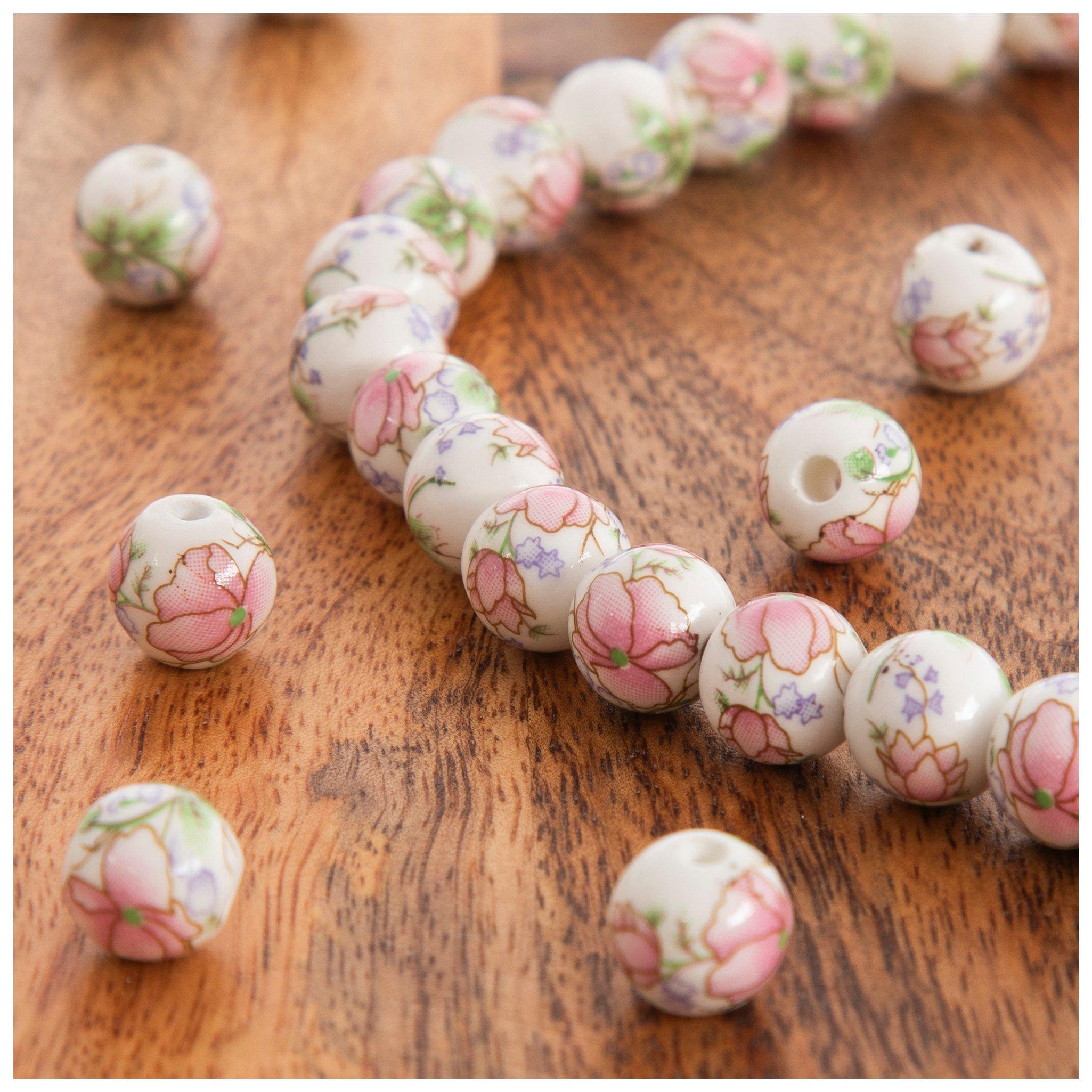 Floral Coated Porcelain Round Bead Strand view 1