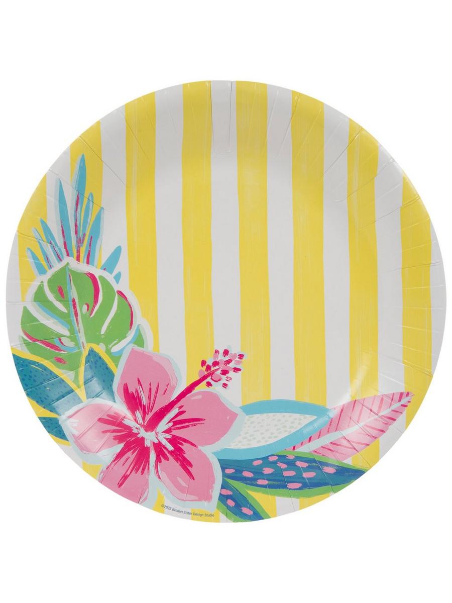 カラフルハピネス　ポージープラッシー Yellow Striped & Tropical Flowers Paper Plates - Large | Hobby