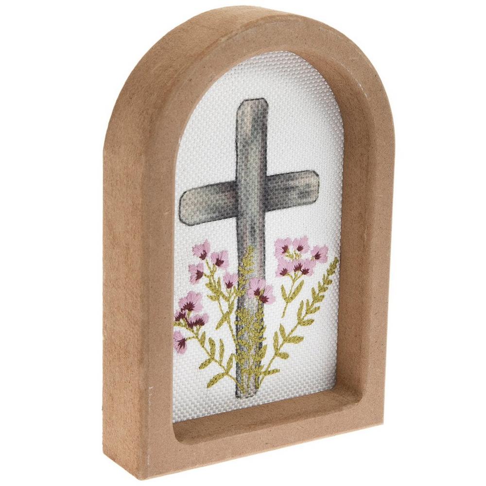 Cross Stitched Cross Arched Wood Decor