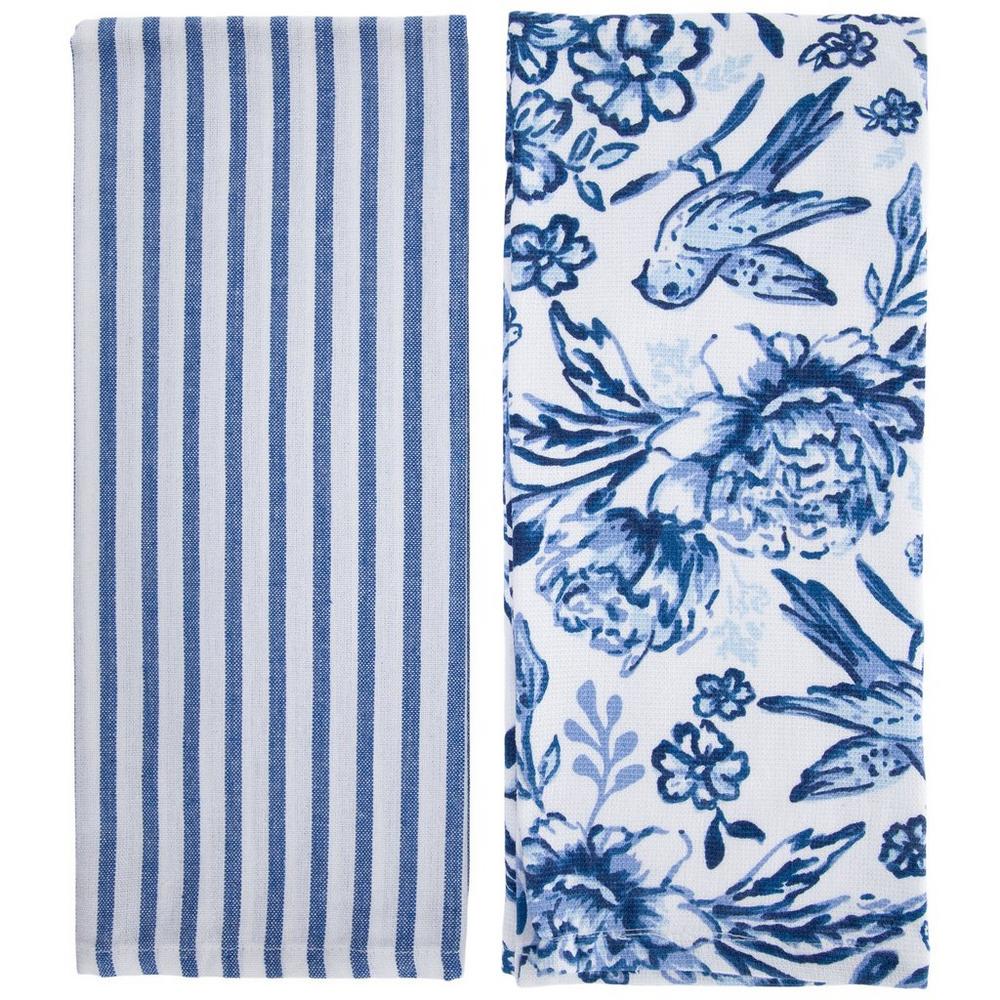 Blue Bird, Flowers Striped Kitchen Towels