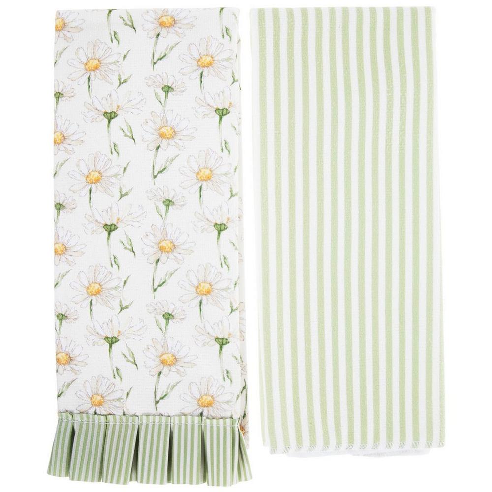 Daisy Green Striped Kitchen Towels
