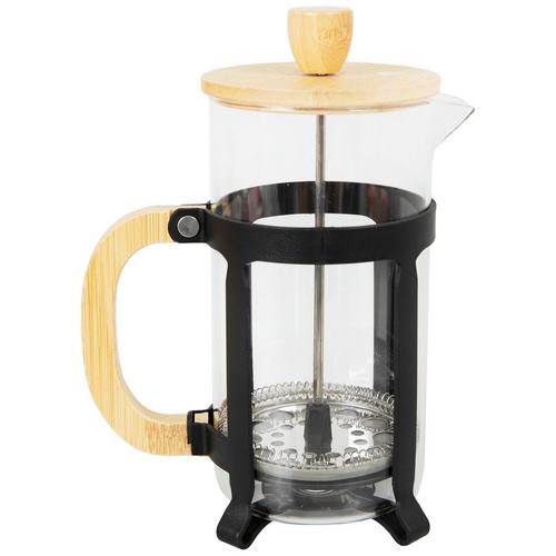 Glass French press coffee maker with a metal plunger and frame