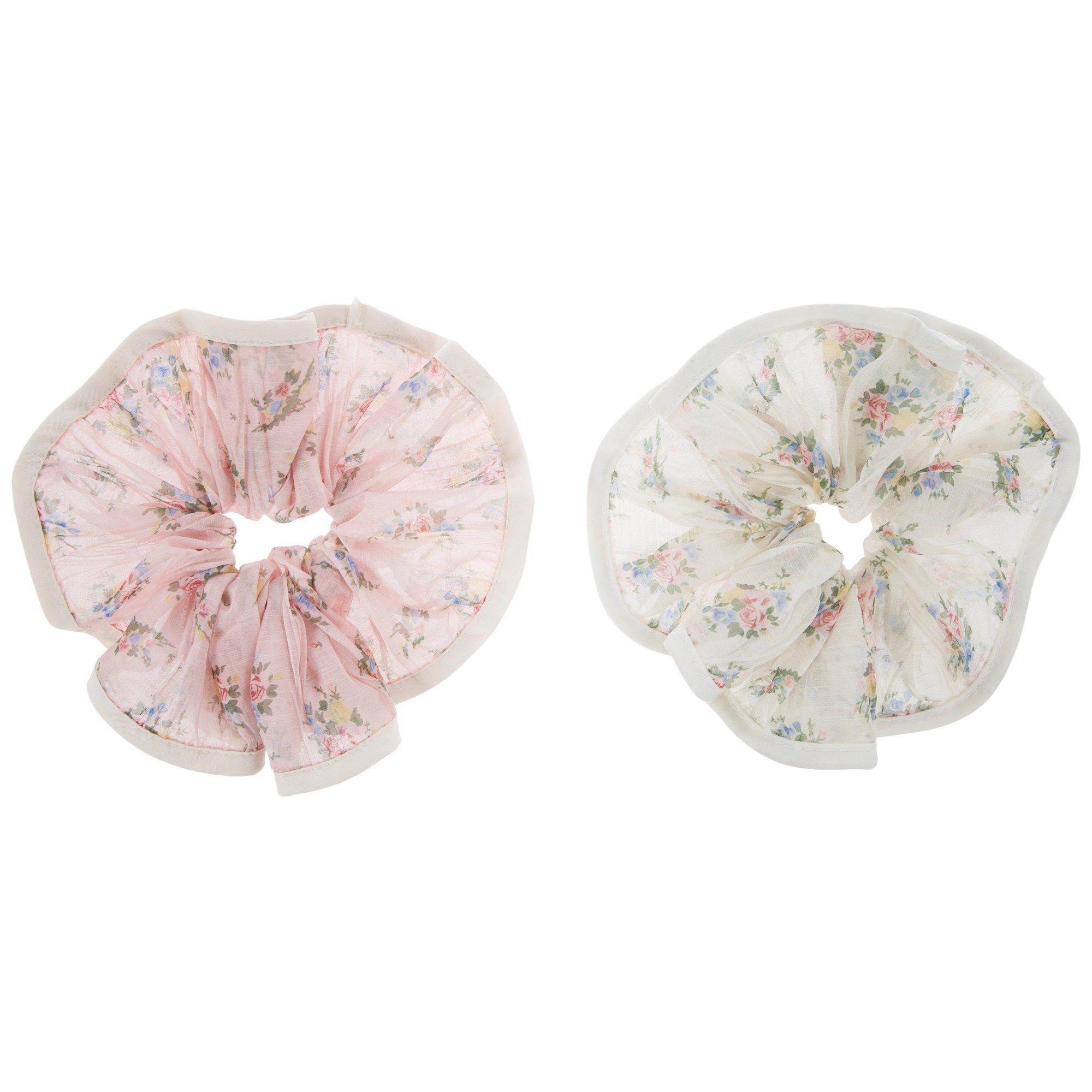 2pcs Brown Scrunchie & Floral Pink White Scrunchie Set 2 pack) Scunci Collection Youth Girls main image 2