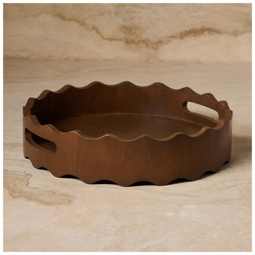 Kinkeeping Brown Scalloped Round Wood Tray