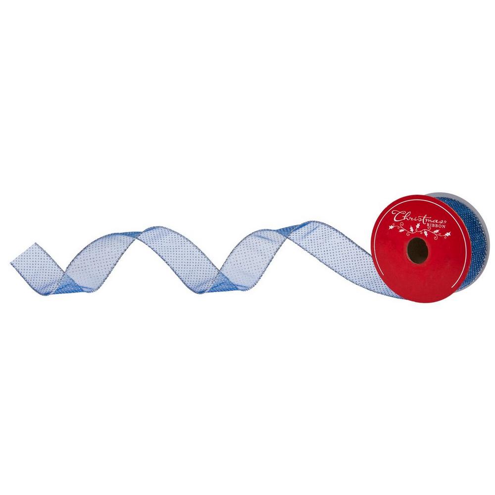 Blue & Silver Polka Dot Sheer Wired Edge Ribbon - 1 1/2
